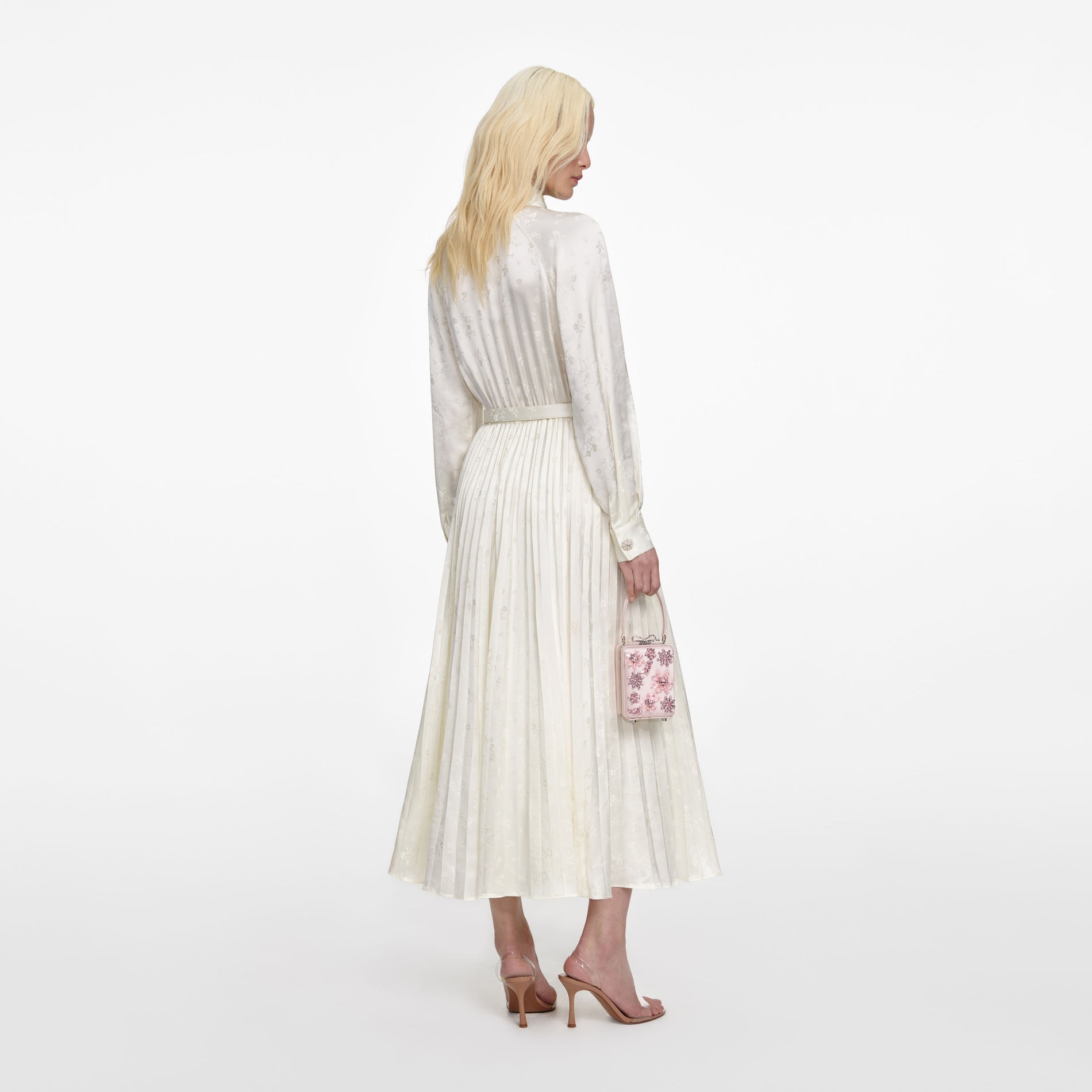 Cream Satin Jacquard Midi Dress
