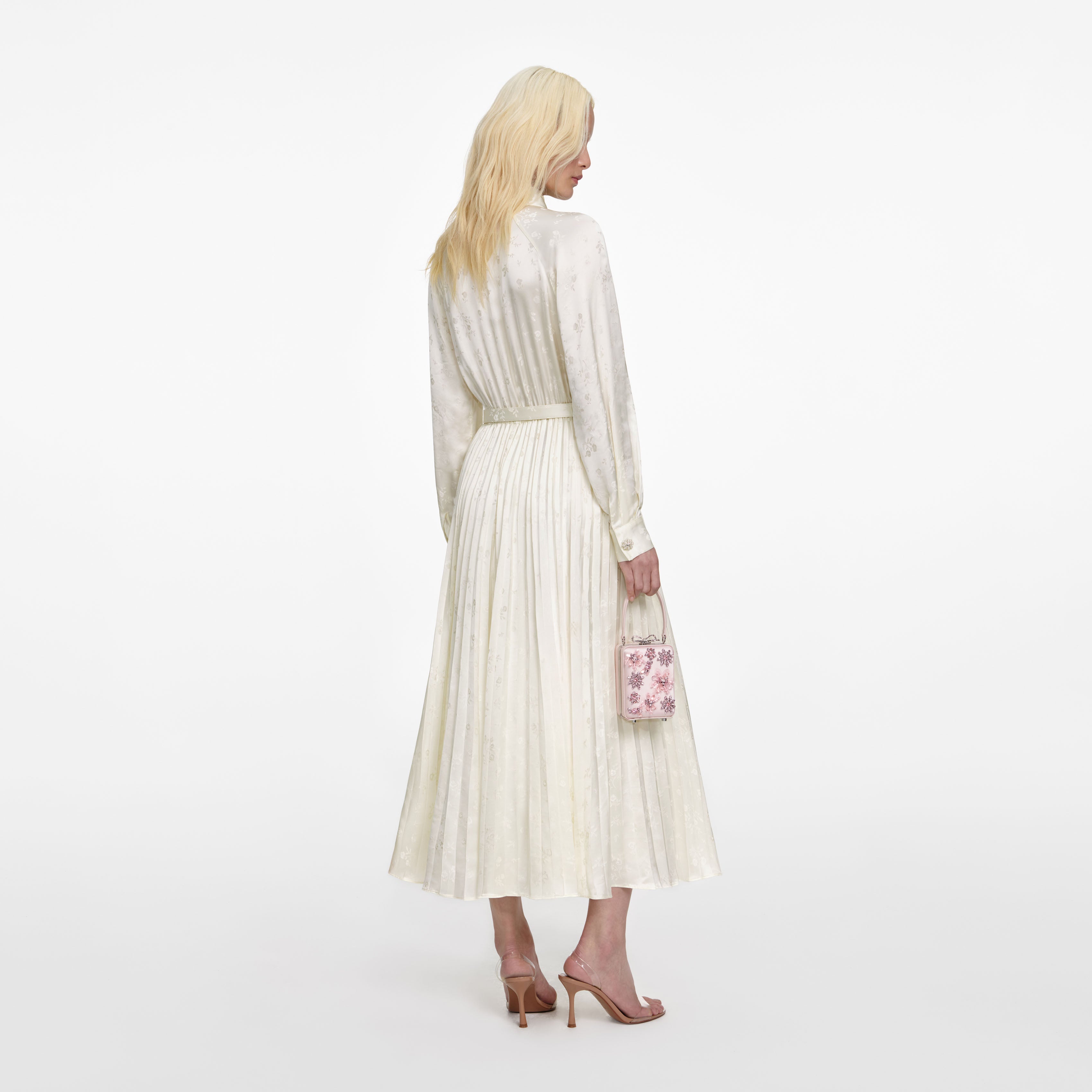Cream Satin Jacquard Midi Dress