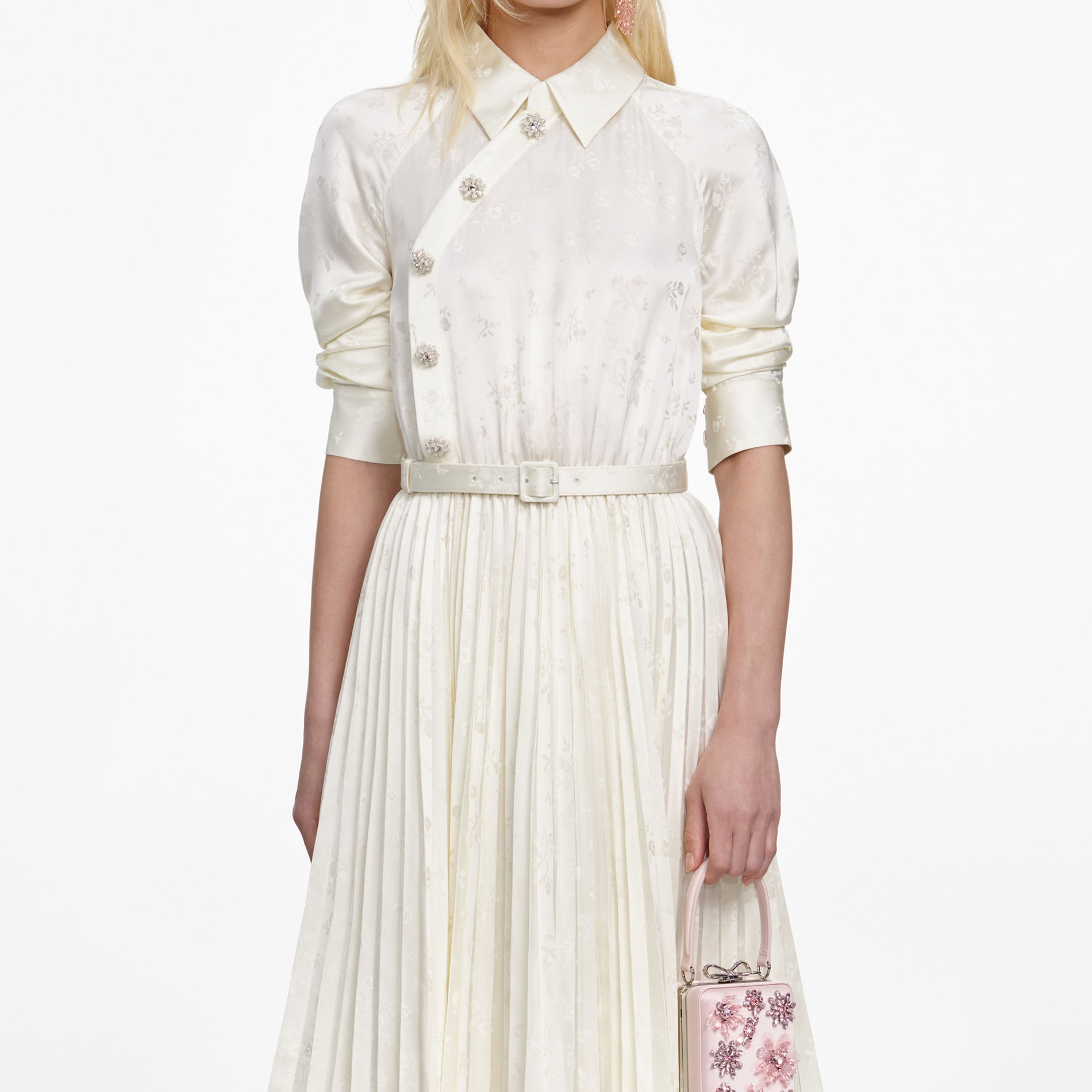 Cream Satin Jacquard Midi Dress