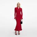 Red Pearl Trim Knit Midi Dress