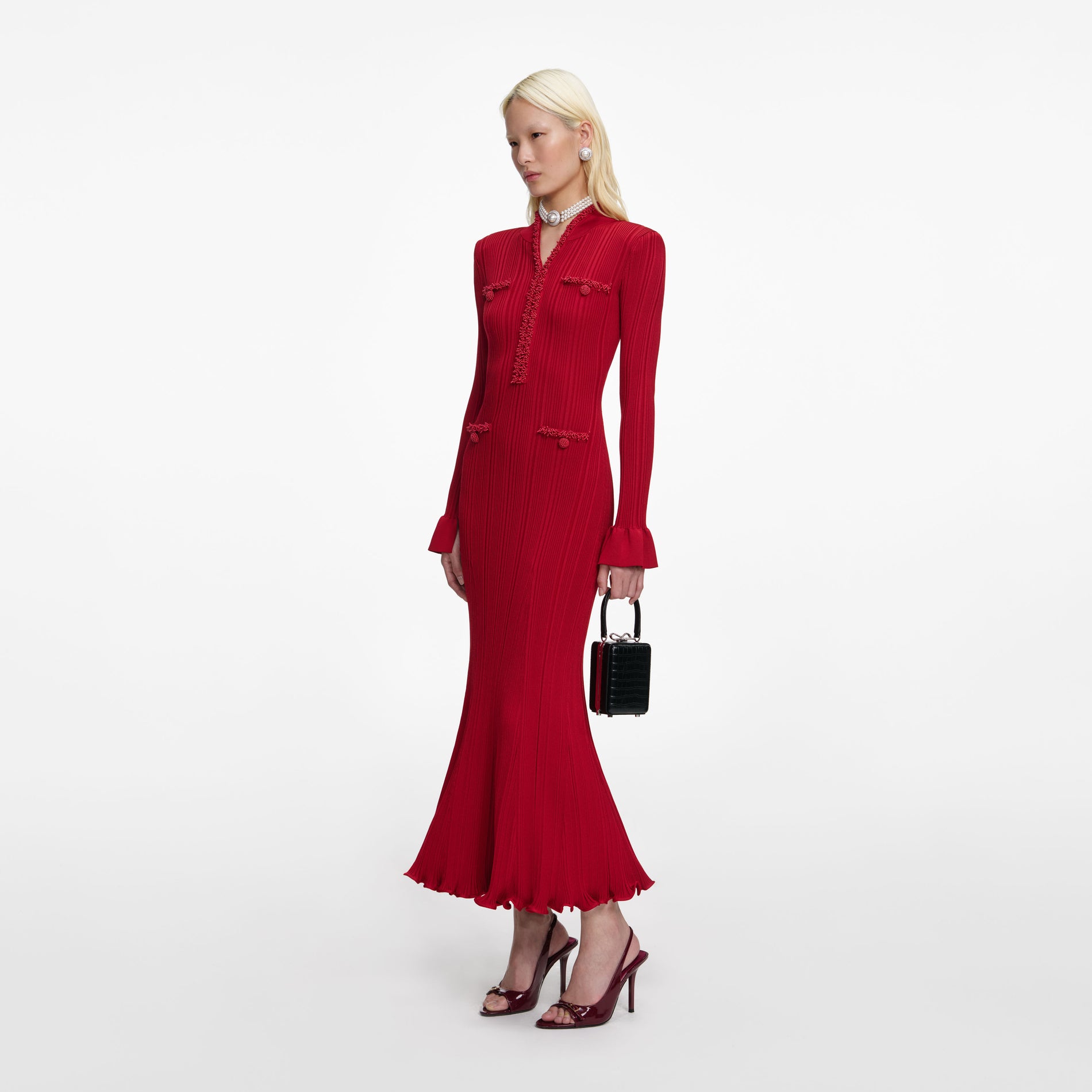 Red Pearl Trim Knit Midi Dress