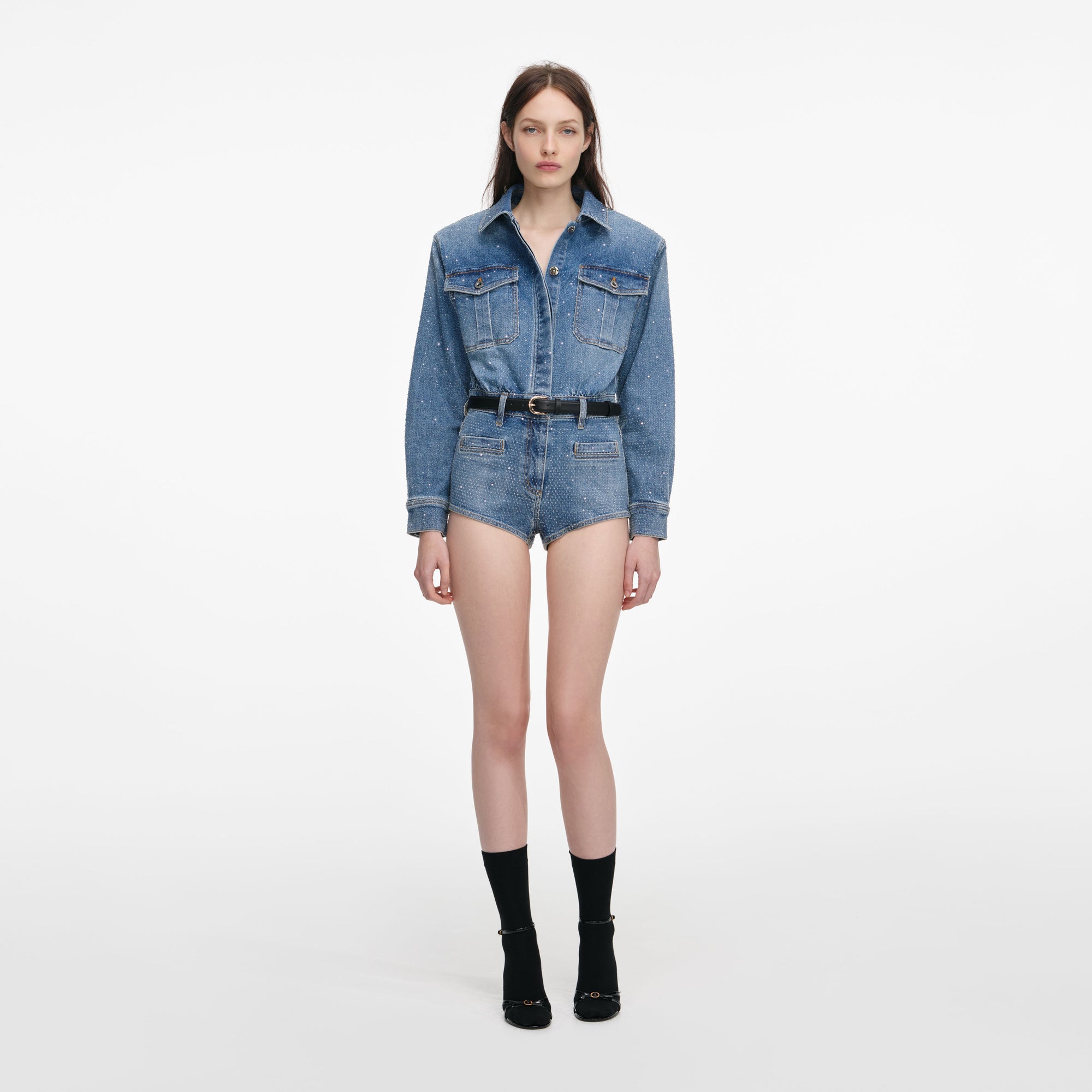 Front view of a woman wearing the Rhinestone Denim Playsuit