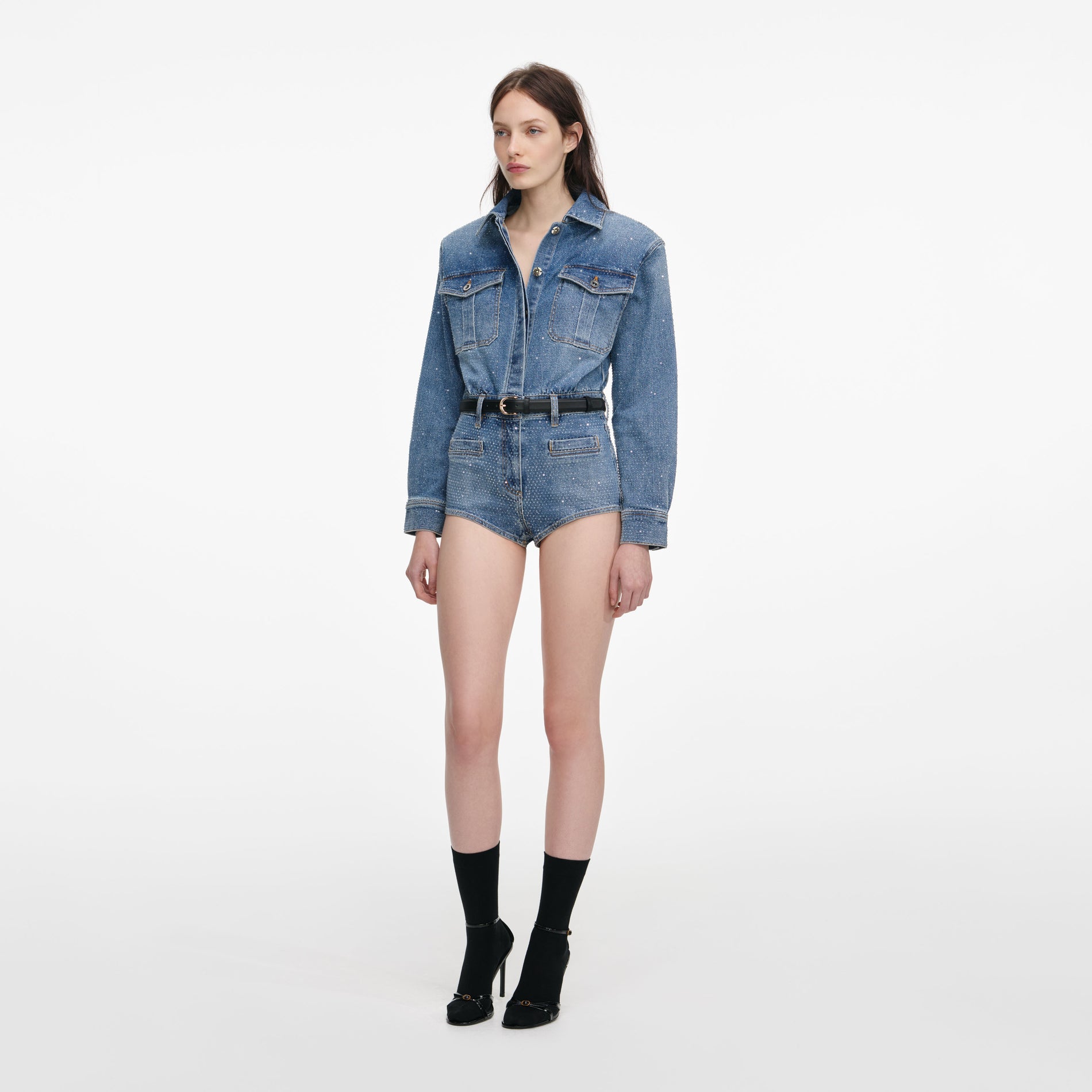 Side view of a woman wearing the Rhinestone Denim Playsuit