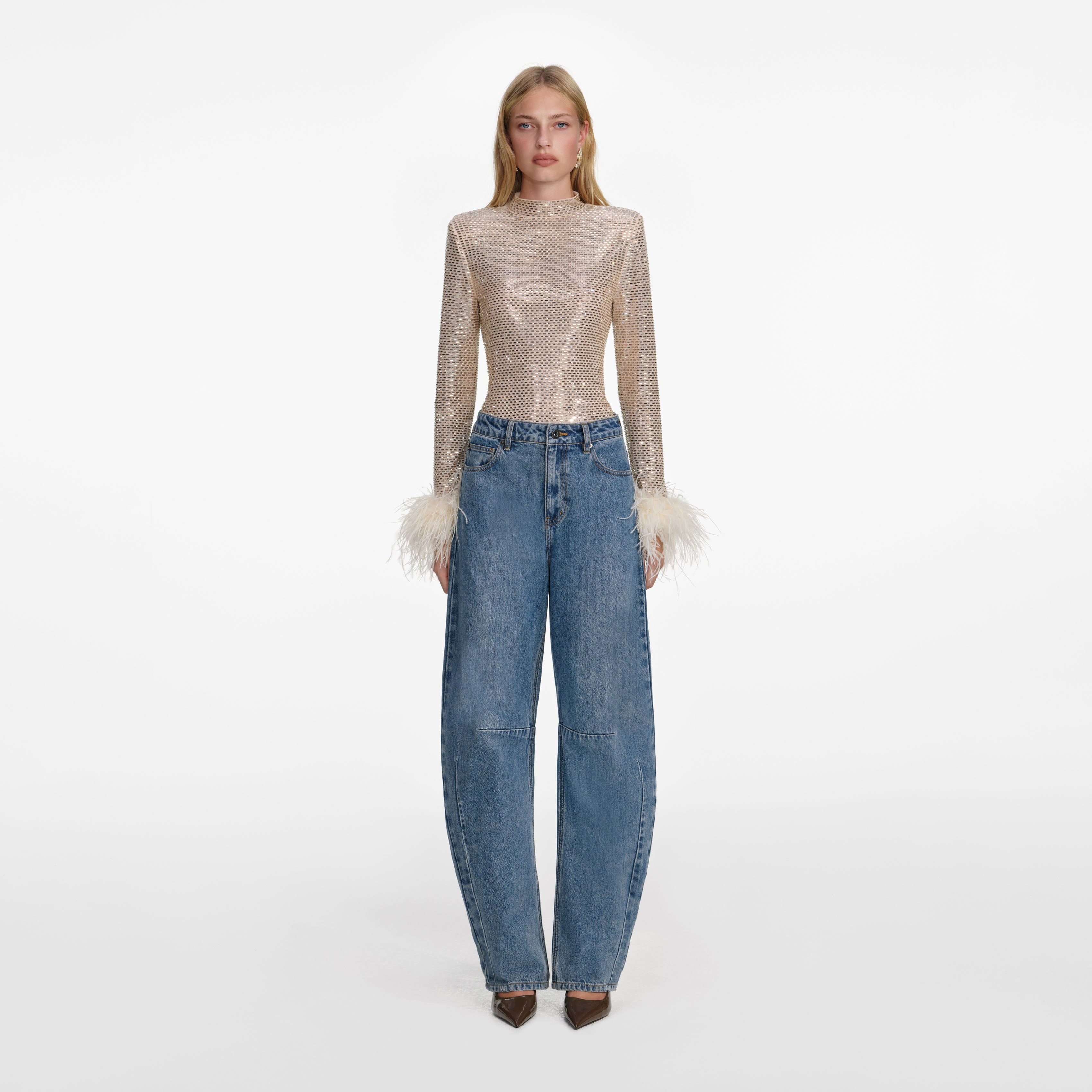 Champagne Rhinestone Feather Top