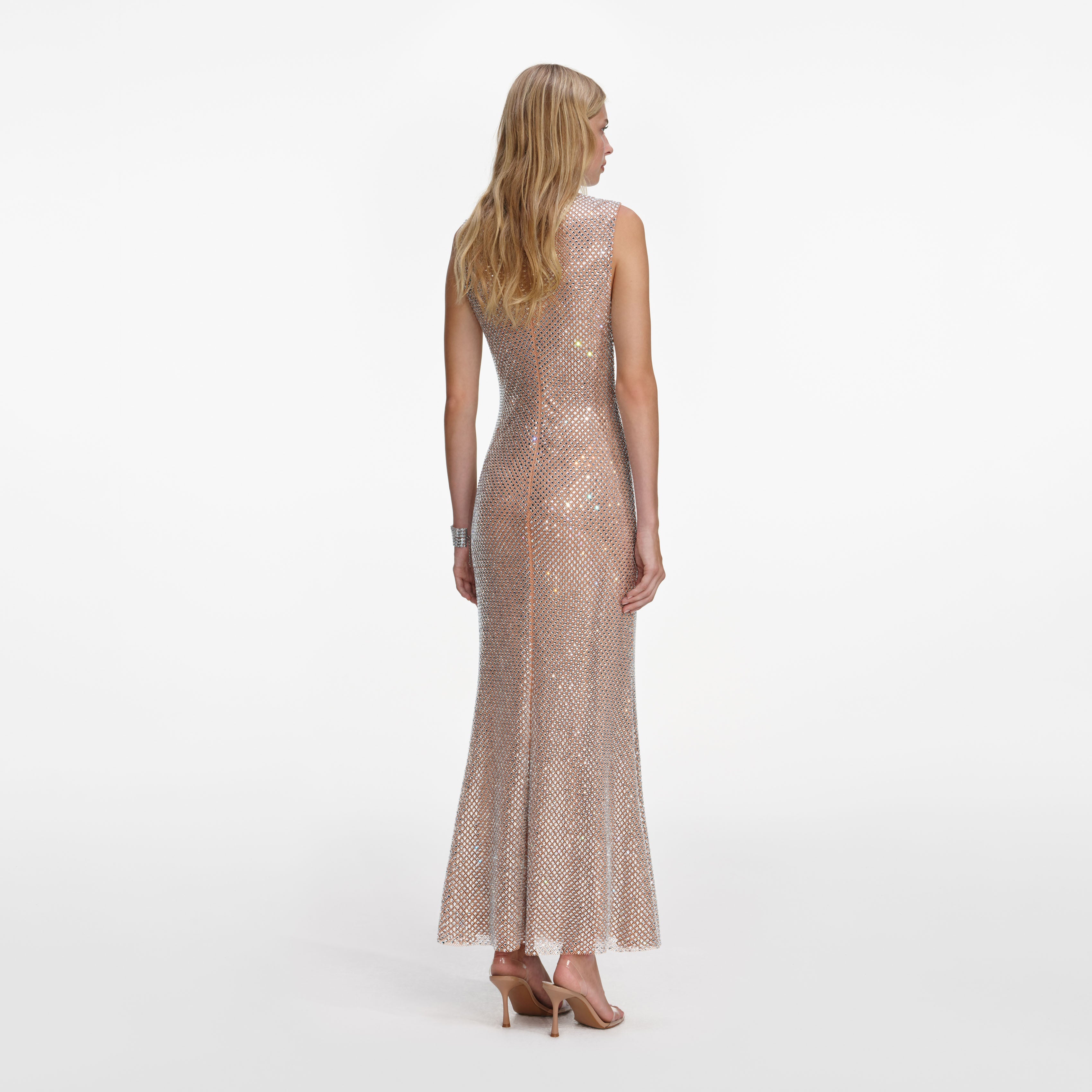 Silver Rhinestone Mesh Midi Dress