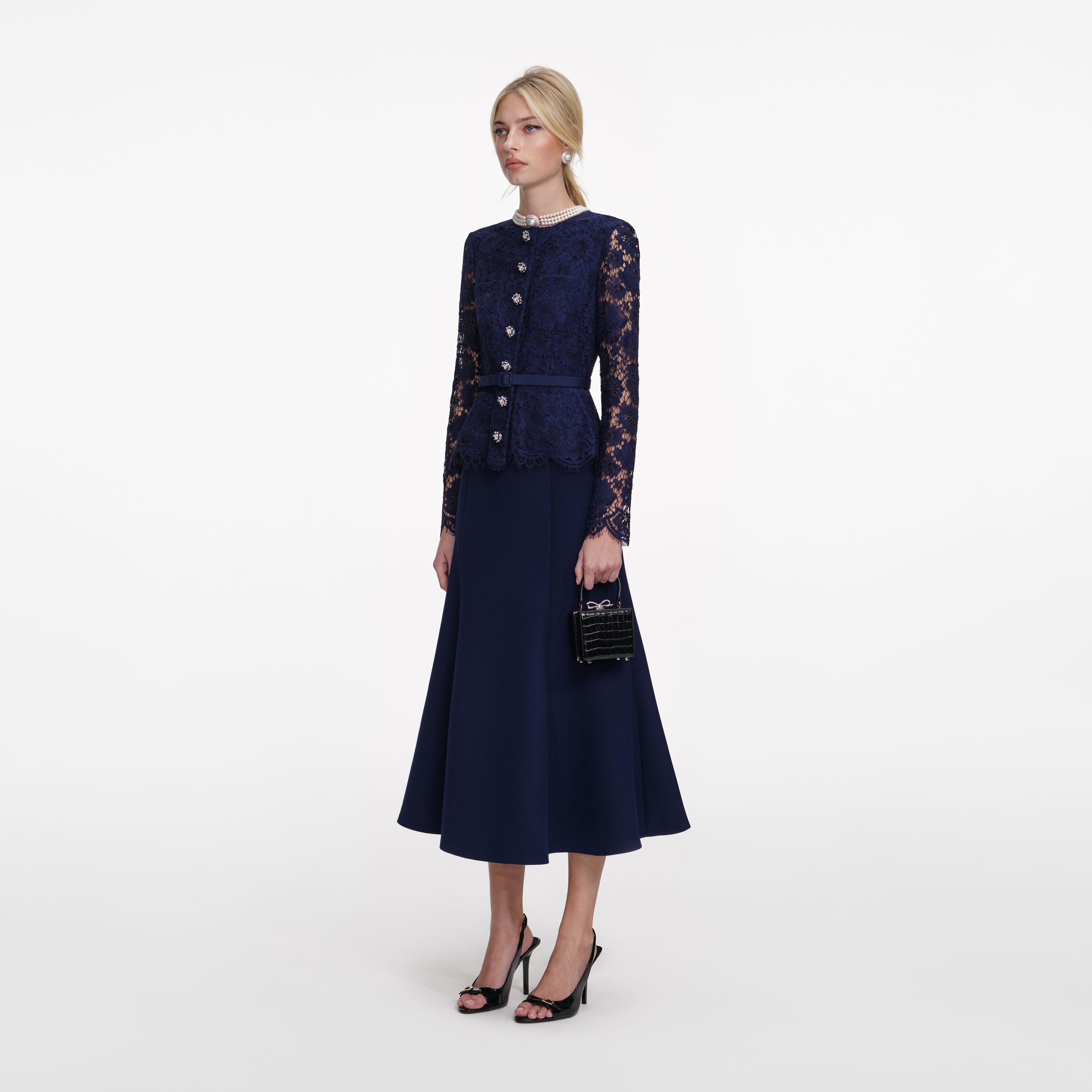 Navy Tailored Lace Midi Dress