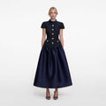 Navy Metallic Boucle Taffeta Midi Dress