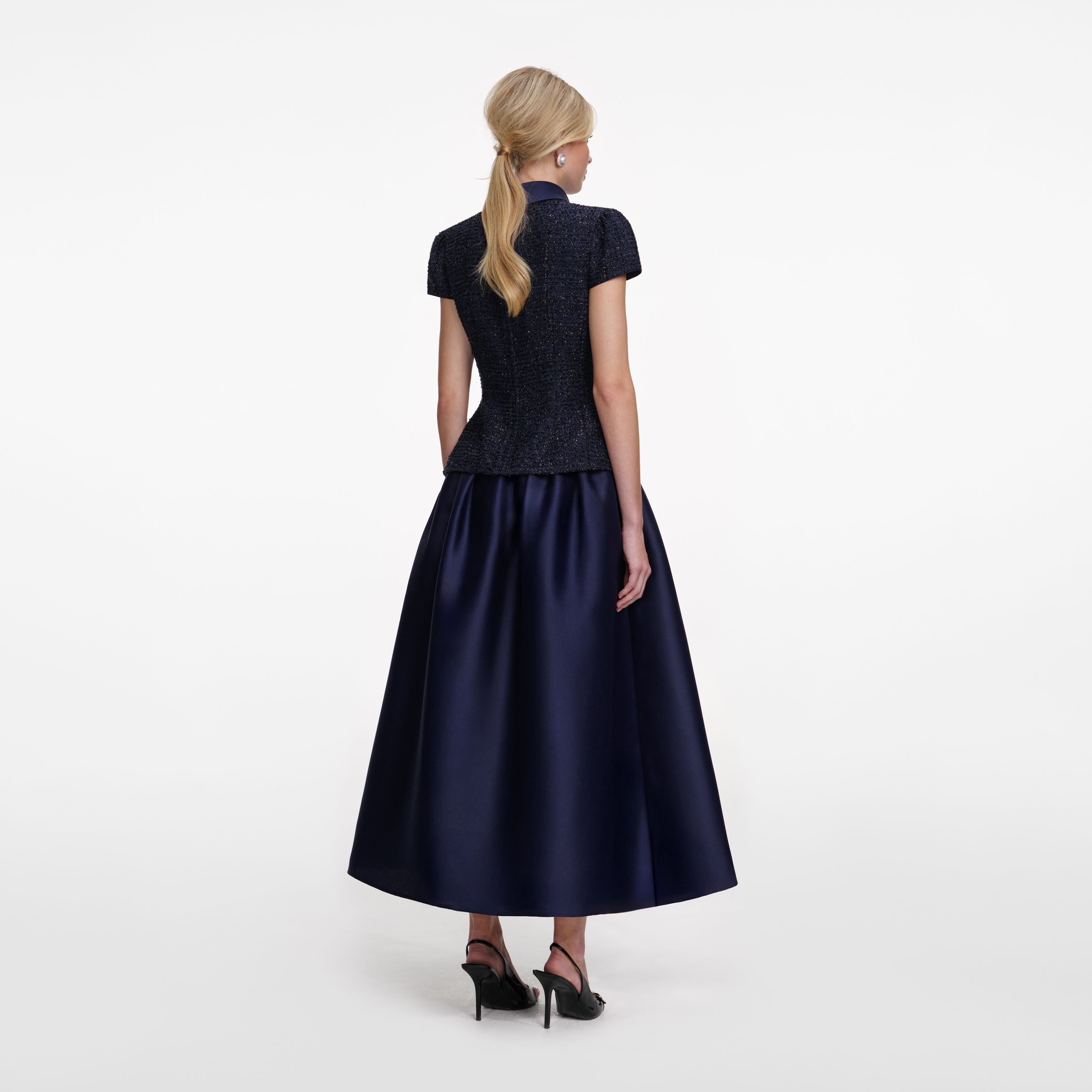 Navy Metallic Boucle Taffeta Midi Dress