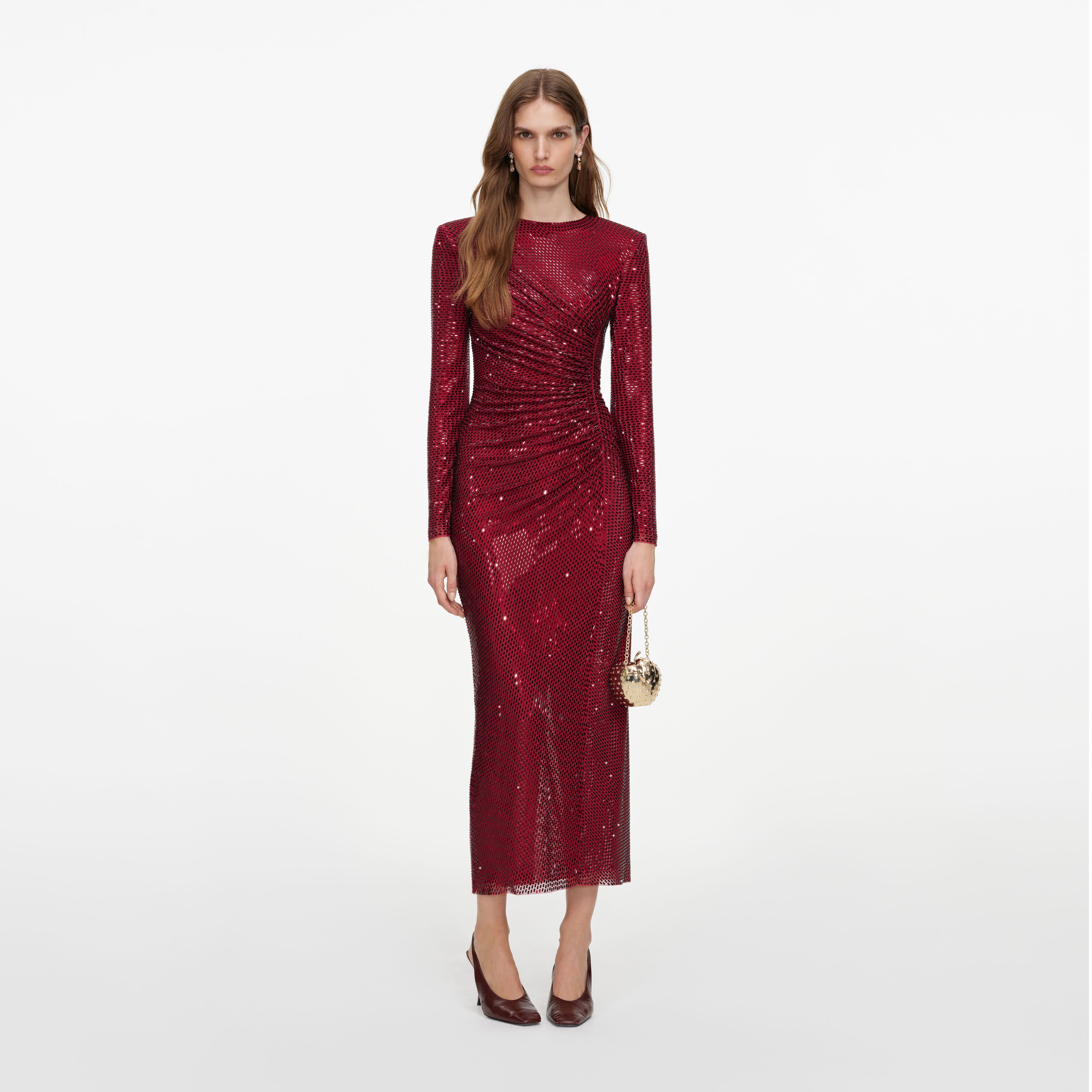 Burgundy Rhinestone Gathered Midi Dress