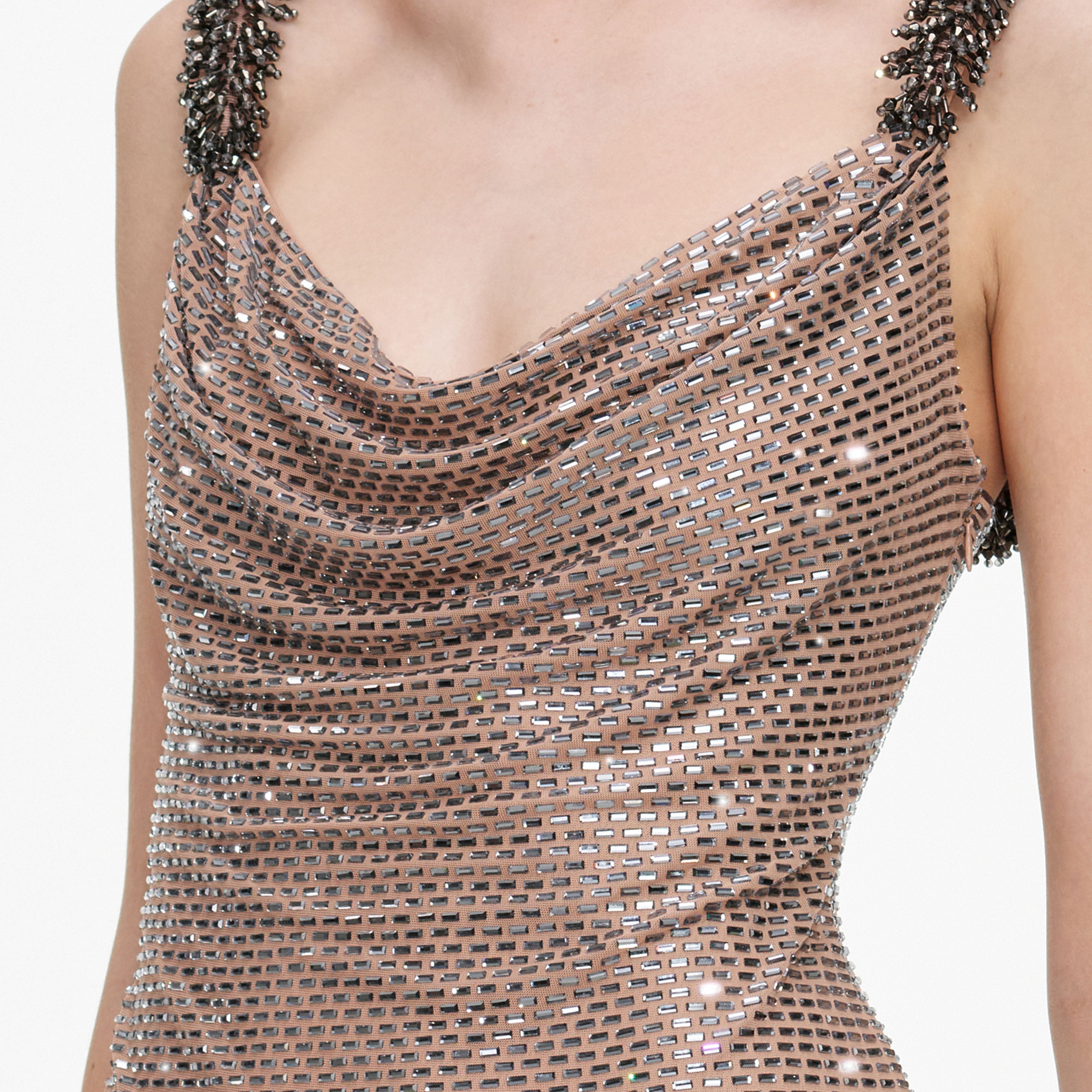Tan Rhinestone Beaded Trim Mini Dress