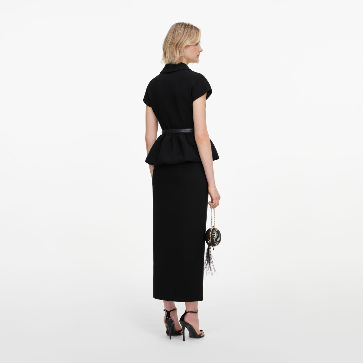 Black Crepe Peplum Midi Dress