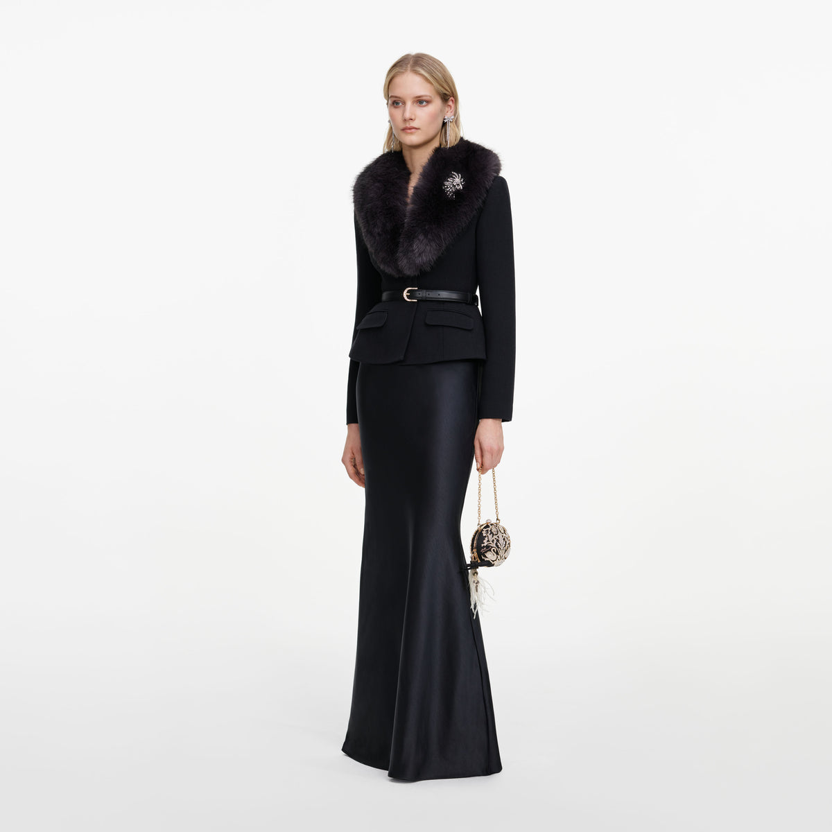 Black Tailored Fur Collar Maxi Dress