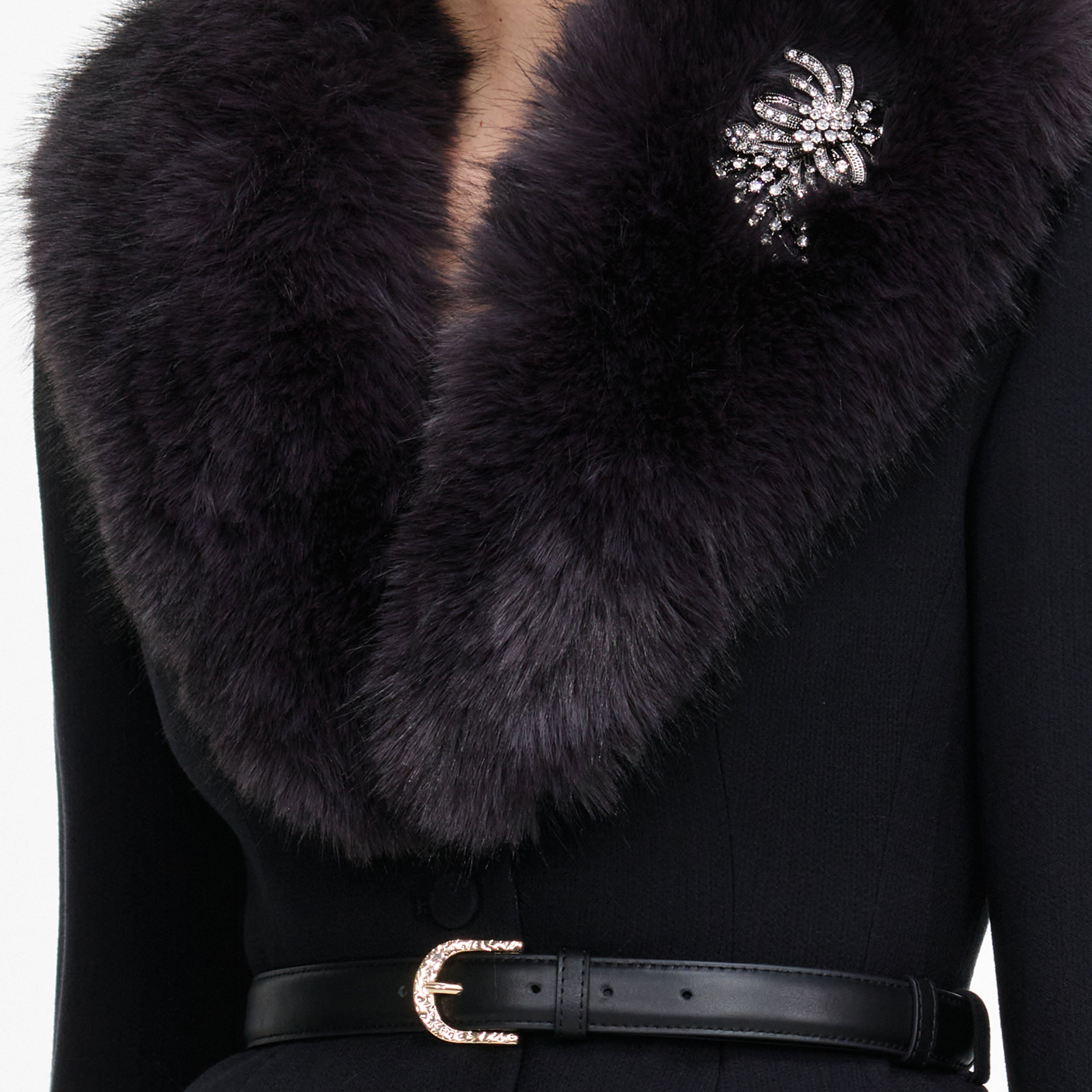 Black Tailored Fur Collar Maxi Dress