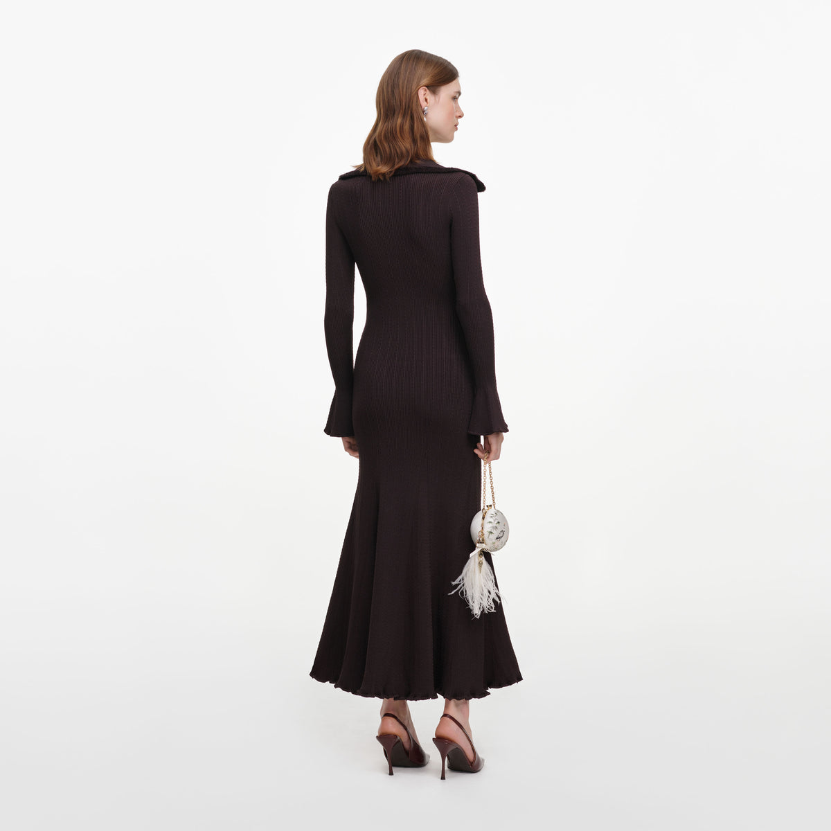 Brown Fringe Knit Midi Dress