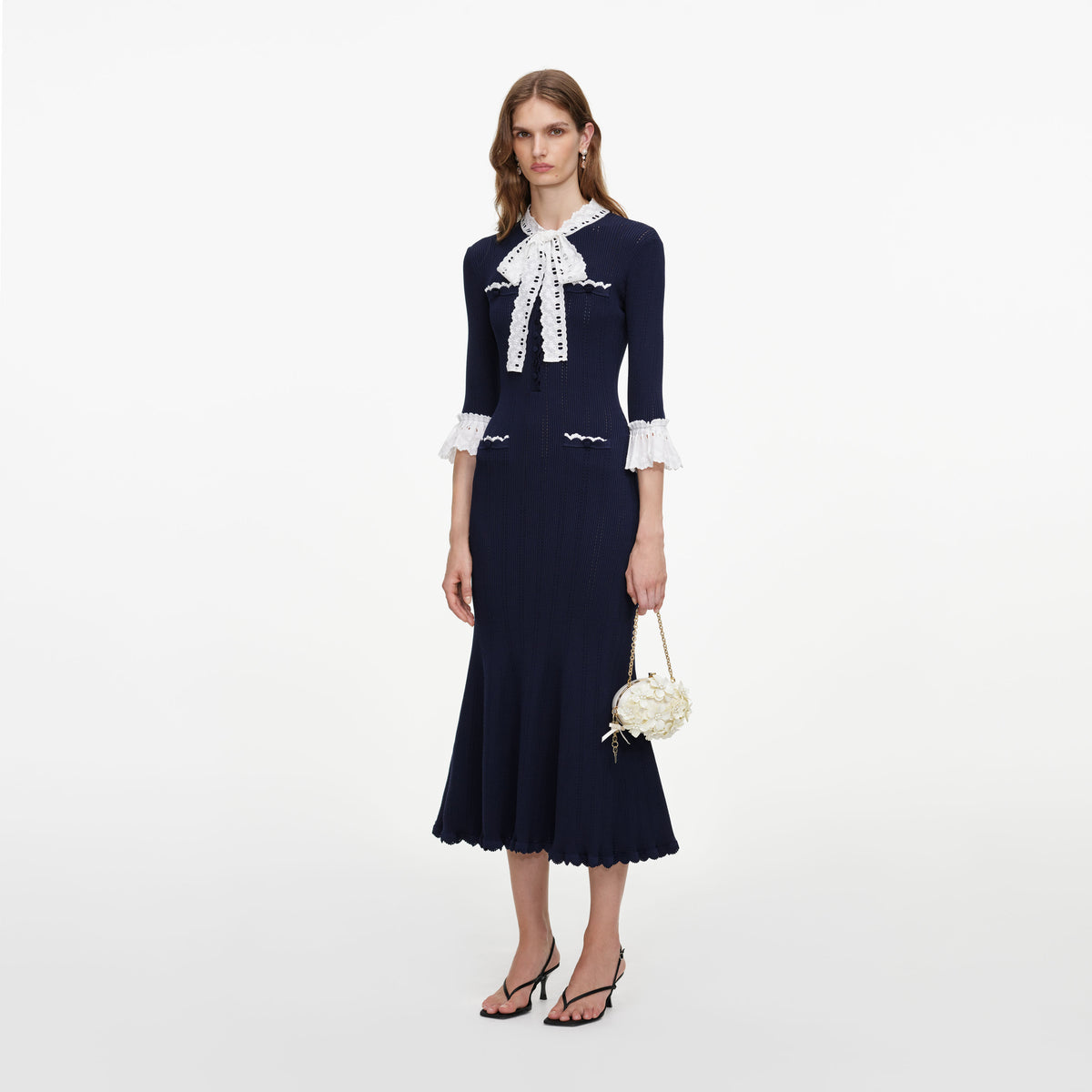 Navy Pointelle Lace Knit Midi Dress