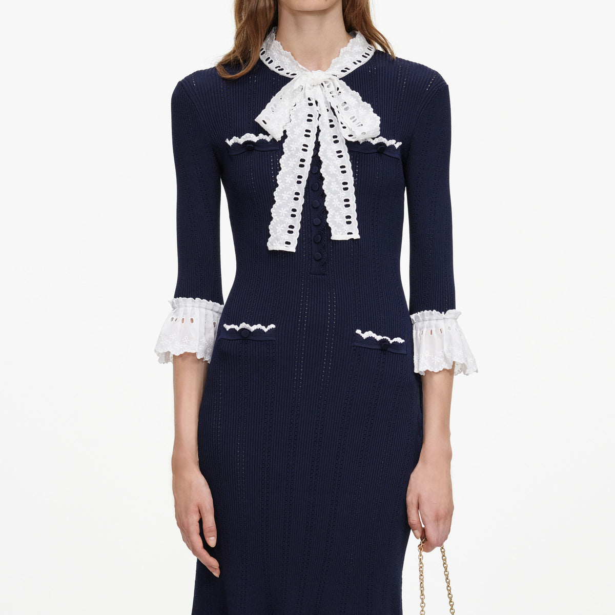 Navy Pointelle Lace Knit Midi Dress