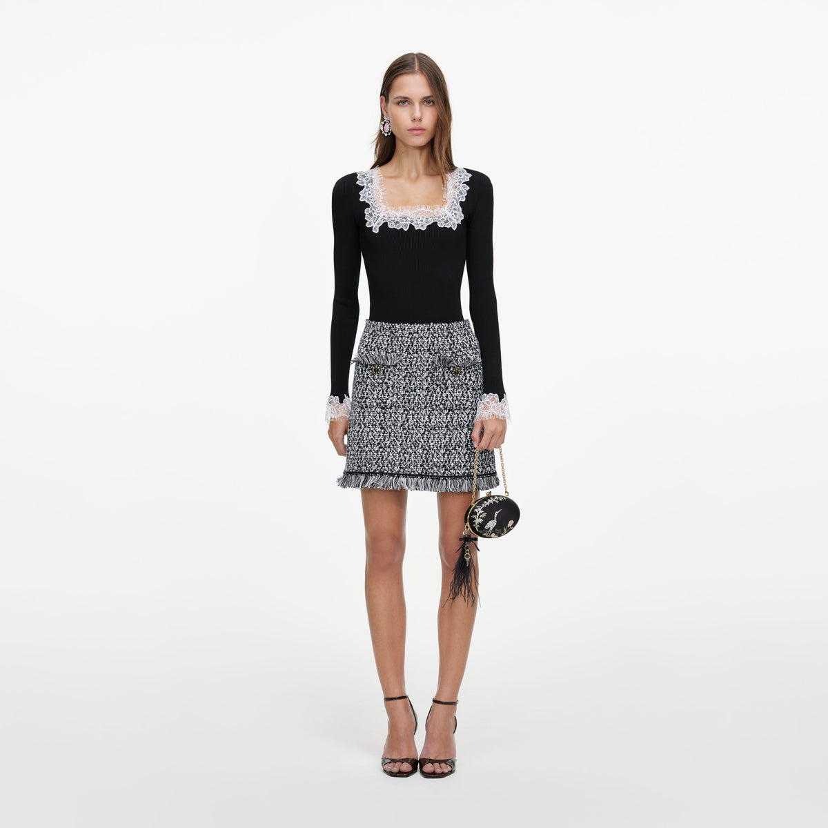 Black And White Textured Knit Mini Skirt