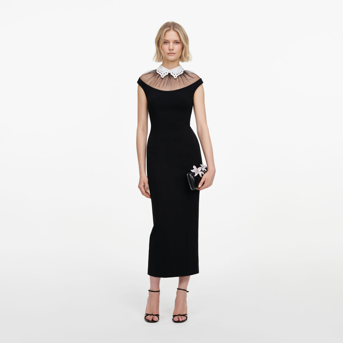 Black Crepe Contrast Collar Midi Dress