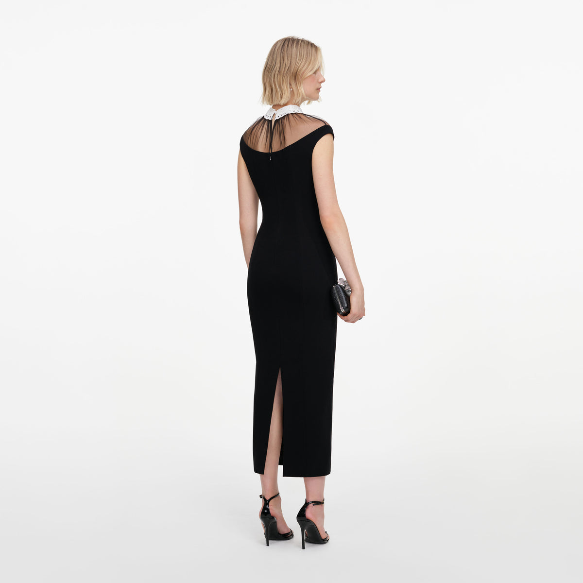 Black Crepe Contrast Collar Midi Dress