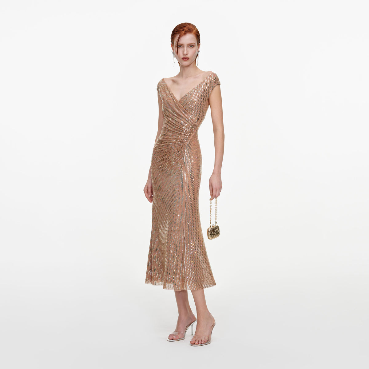 Gold Rhinestone Off Shoulder Midi Dress