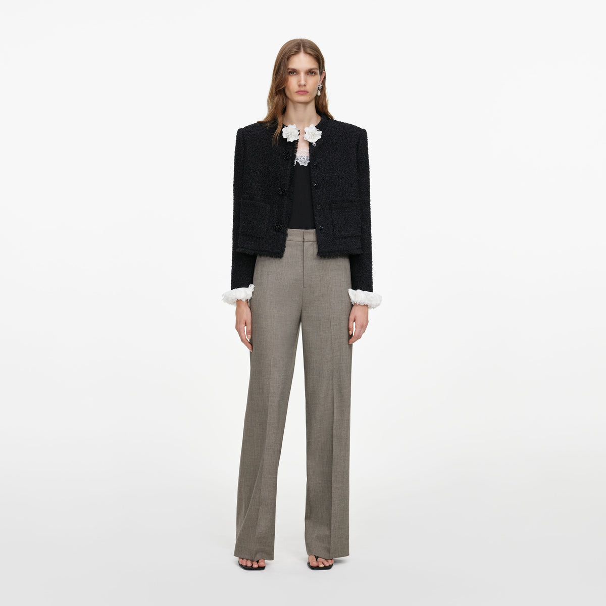 Front view of a woman wearing the Brown Twill Tailored Trousers
