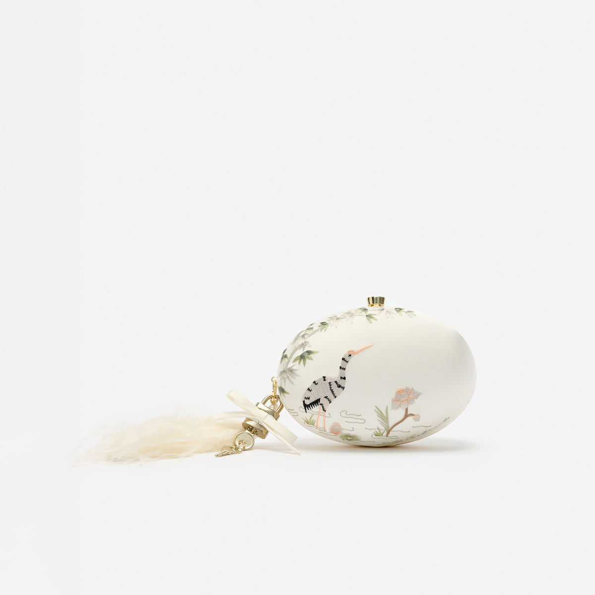 Cream Satin Embroidered Oval Clutch Bag