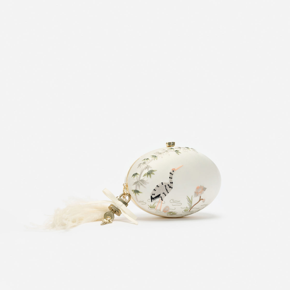 Cream Satin Embroidered Oval Clutch Bag