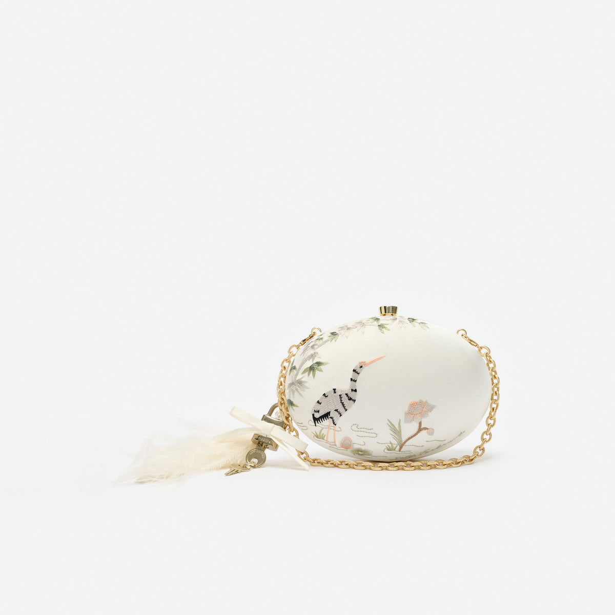 Cream Satin Embroidered Oval Clutch Bag