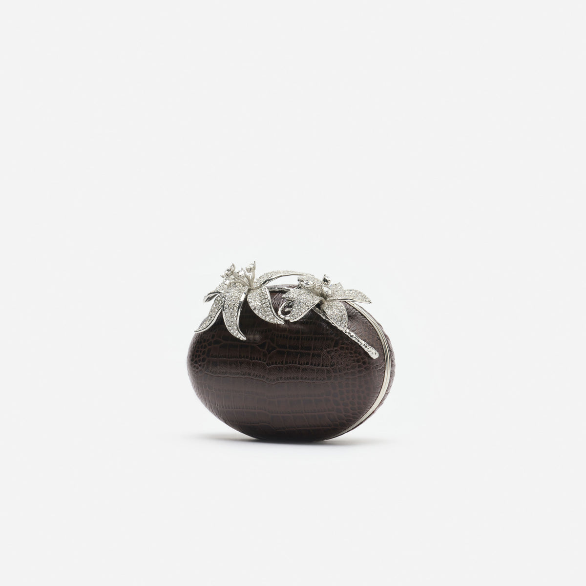 Brown Leather Crystal Flower Oval Clutch Bag