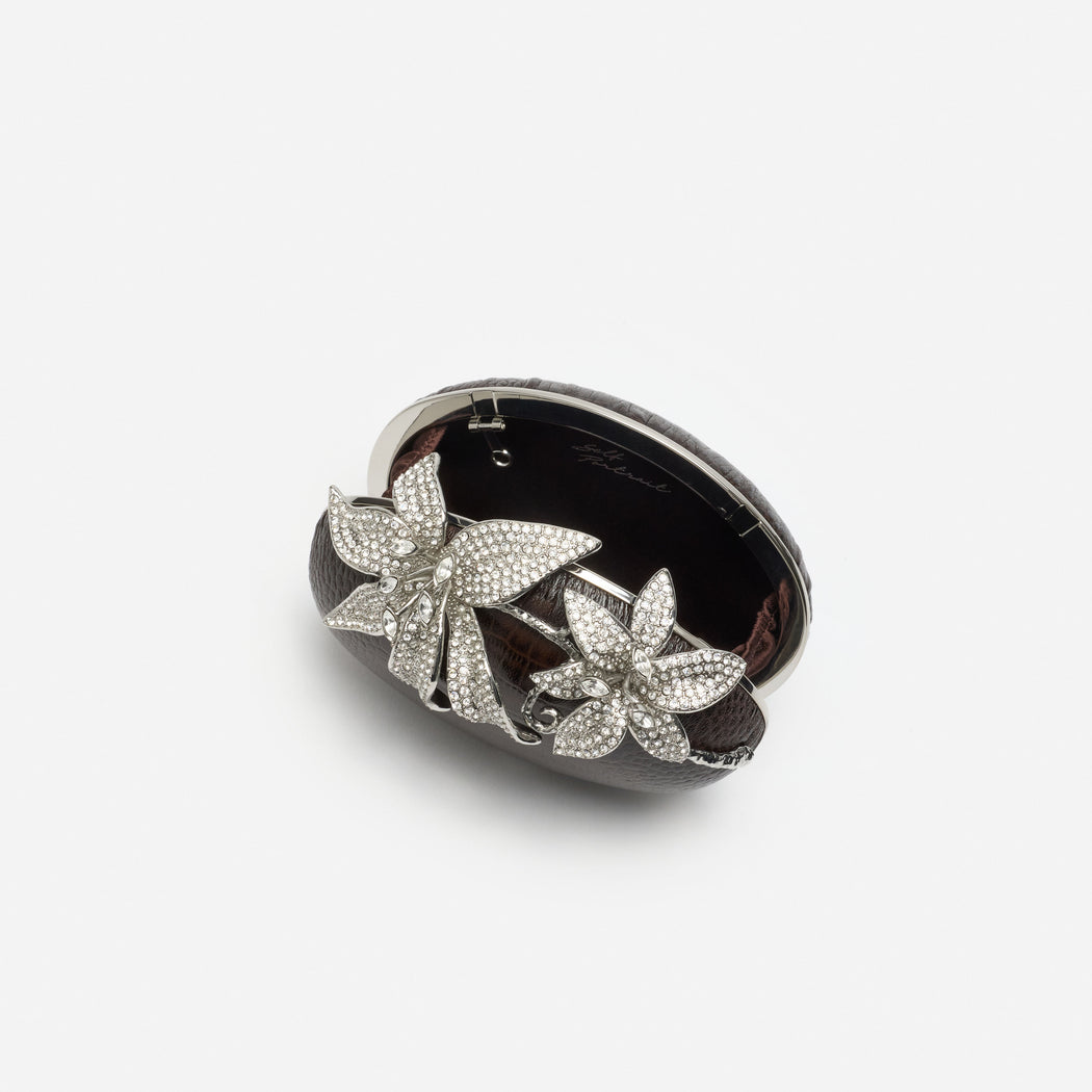 Brown Leather Crystal Flower Oval Clutch Bag