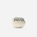 Cream Leather Crystal Flower Oval Clutch Bag