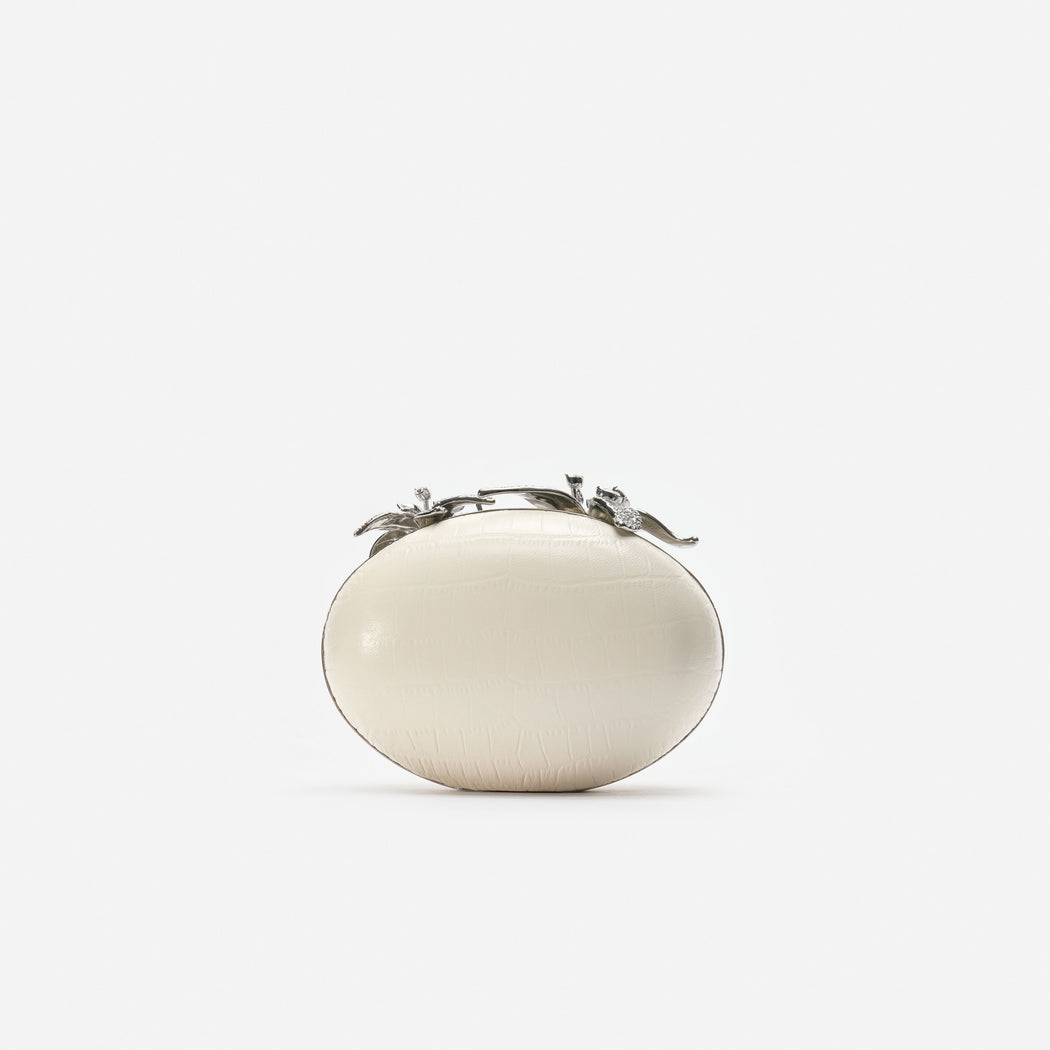 Cream Leather Crystal Flower Oval Clutch Bag