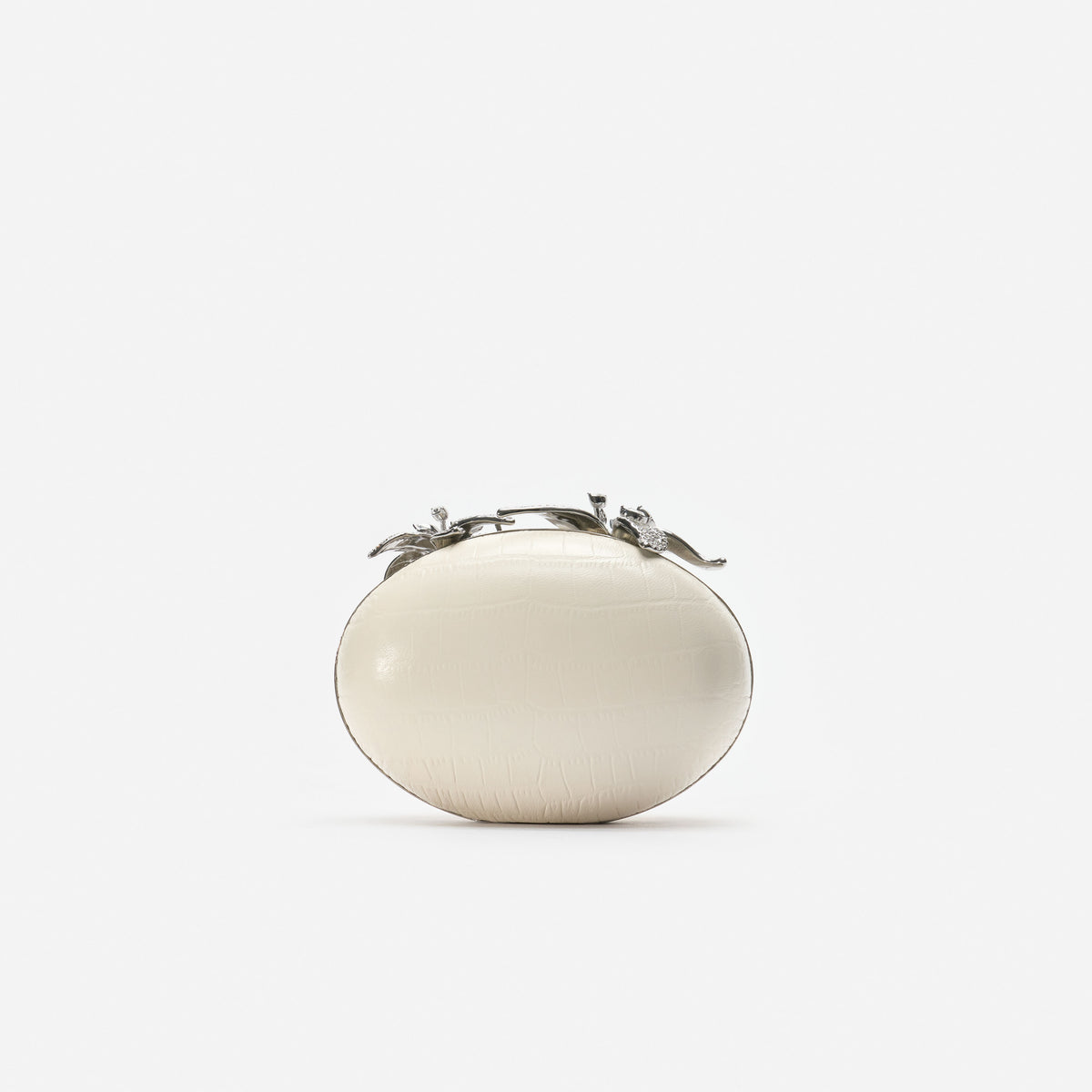 Cream Leather Crystal Flower Oval Clutch Bag