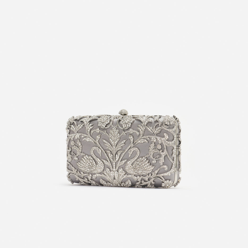 Silver Crystal Swan Clutch Bag