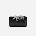 Black Croc Leather Crystal Flower Clutch Bag