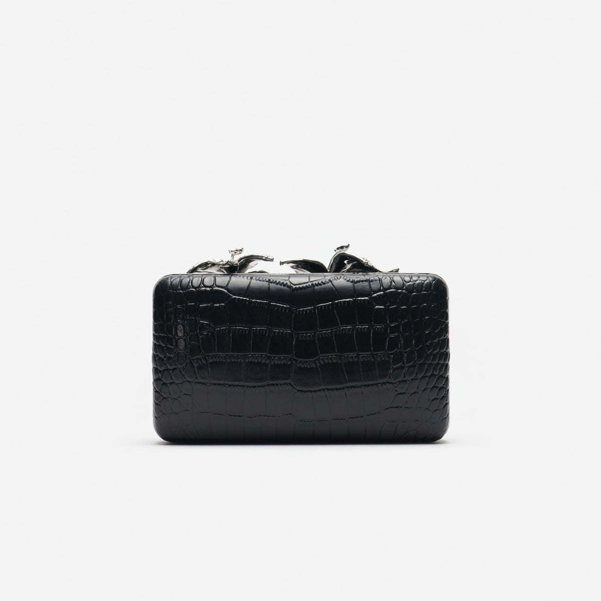 Black Croc Leather Crystal Flower Clutch Bag