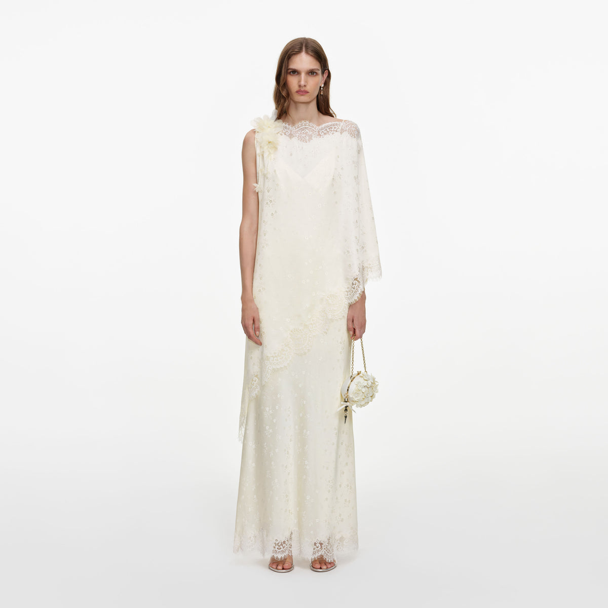 Cream Satin Lace Cape Maxi Dress