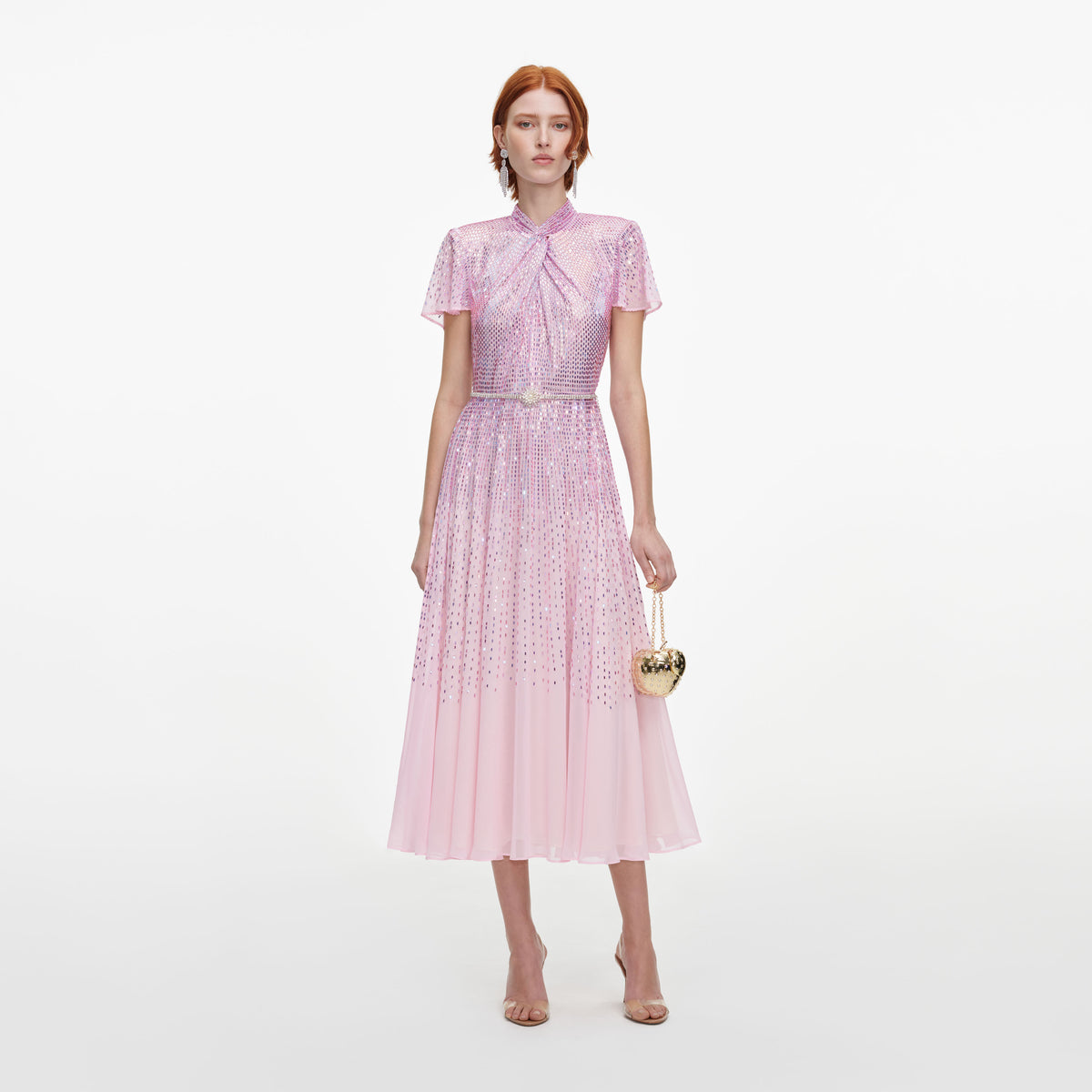 Pink Ombre Rhinestone Twist Midi Dress