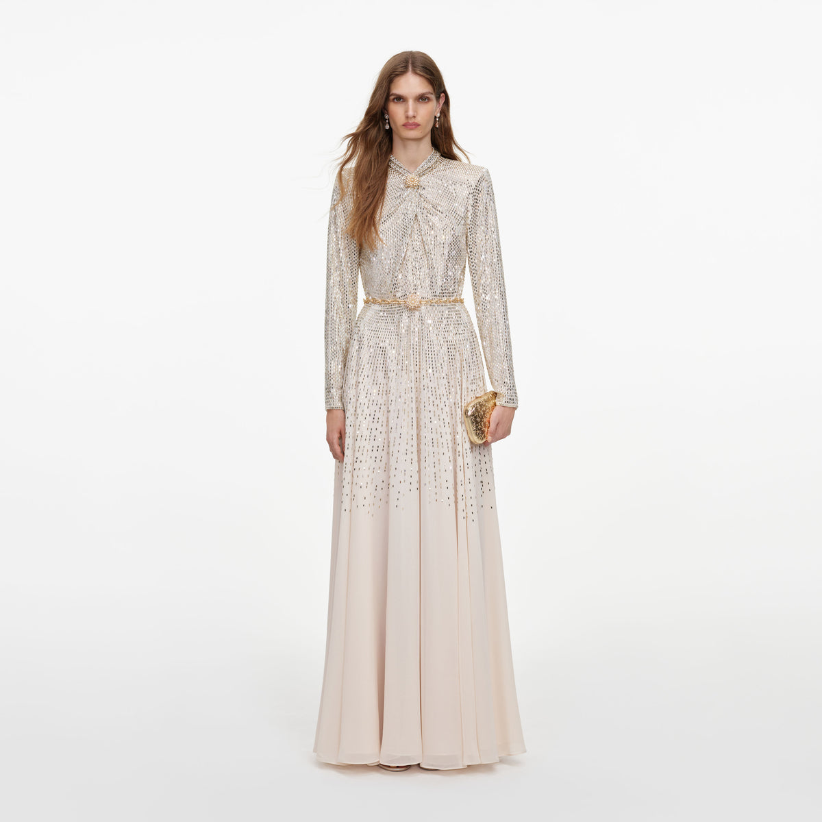Champagne Ombre Rhinestone Twist Maxi Dress