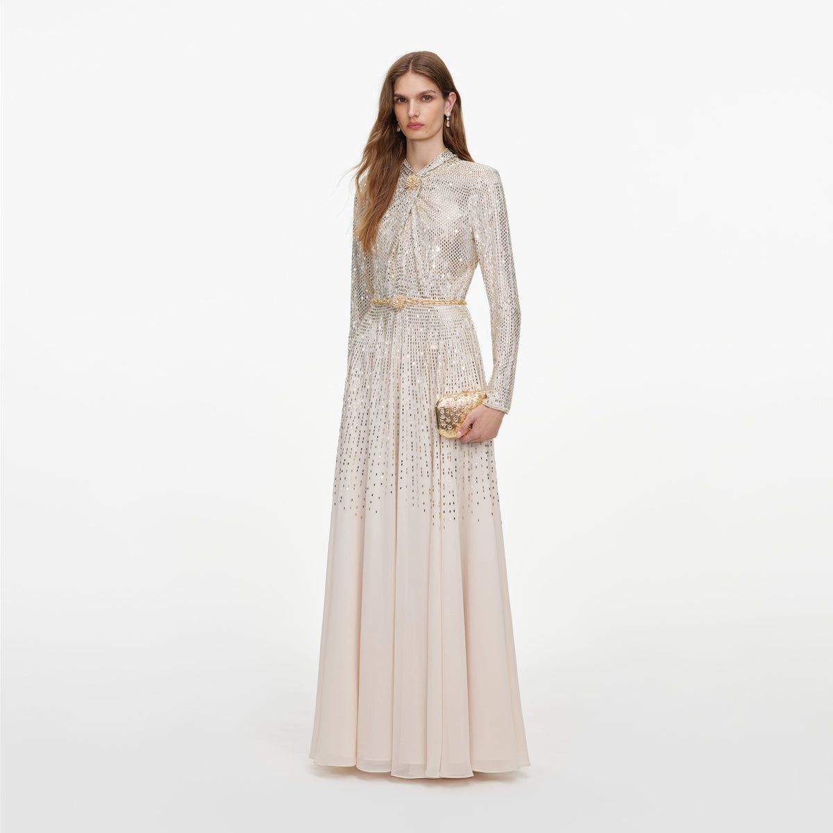 Champagne Ombre Rhinestone Twist Maxi Dress