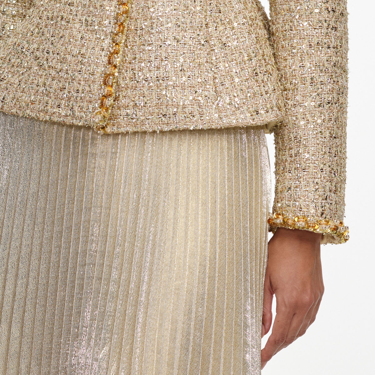 Gold Boucle Pleated Maxi Dress