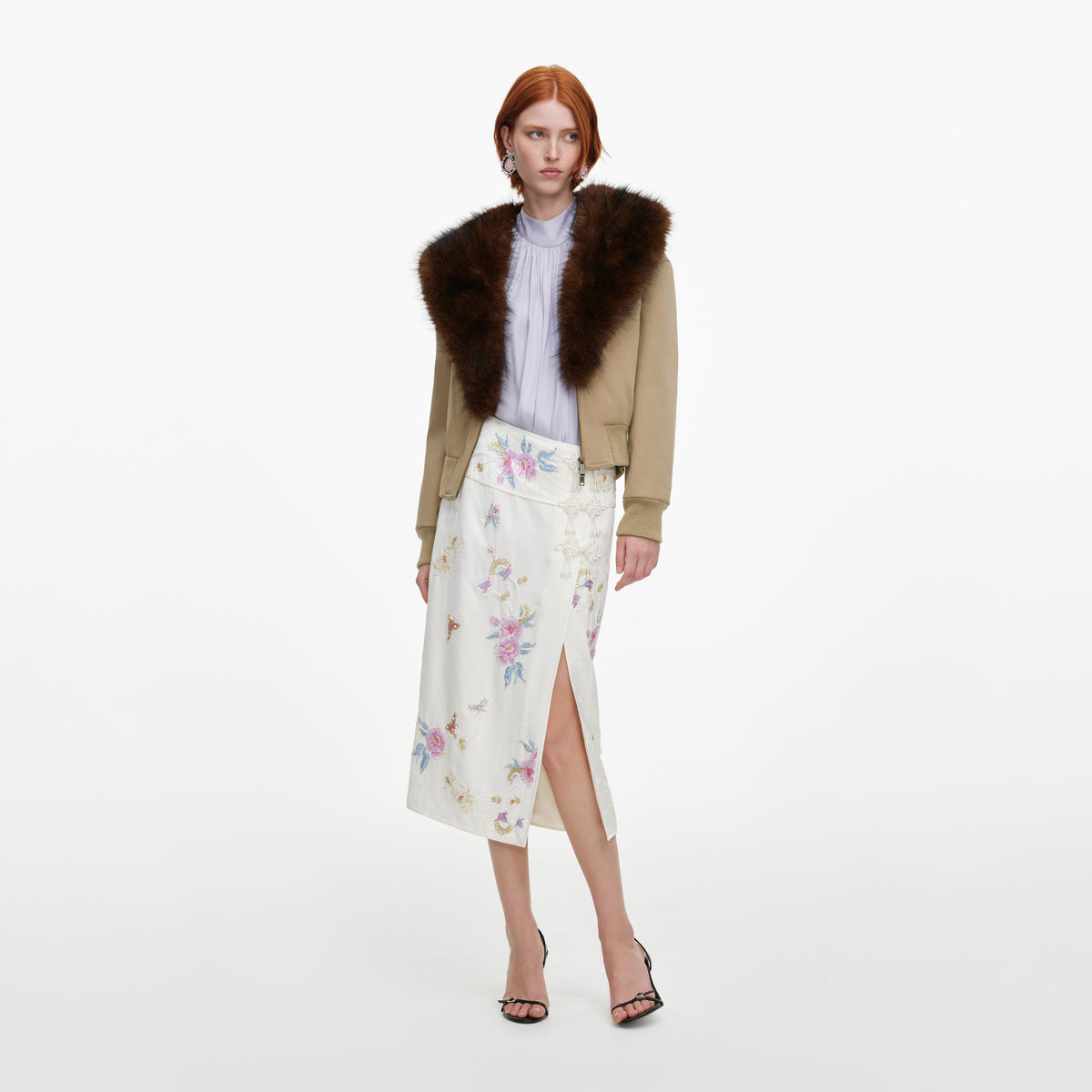 Cream Jacquard Floral Midi Skirt