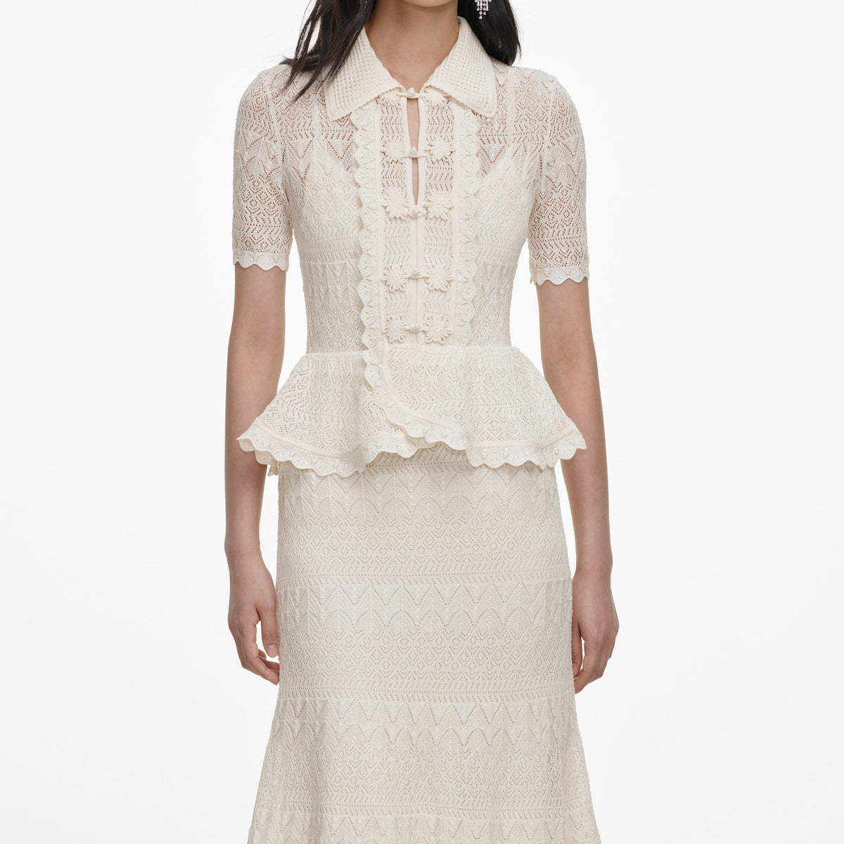 Cream Pointelle Knit Wrap Peplum Midi Dress