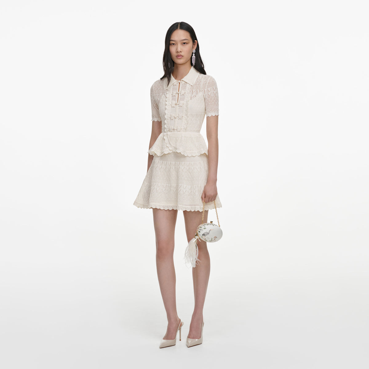 Cream Pointelle Knit Wrap Peplum Dress