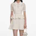 Cream Pointelle Knit Wrap Peplum Dress