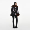 Black Floral Jacquard Fur Collar Coat