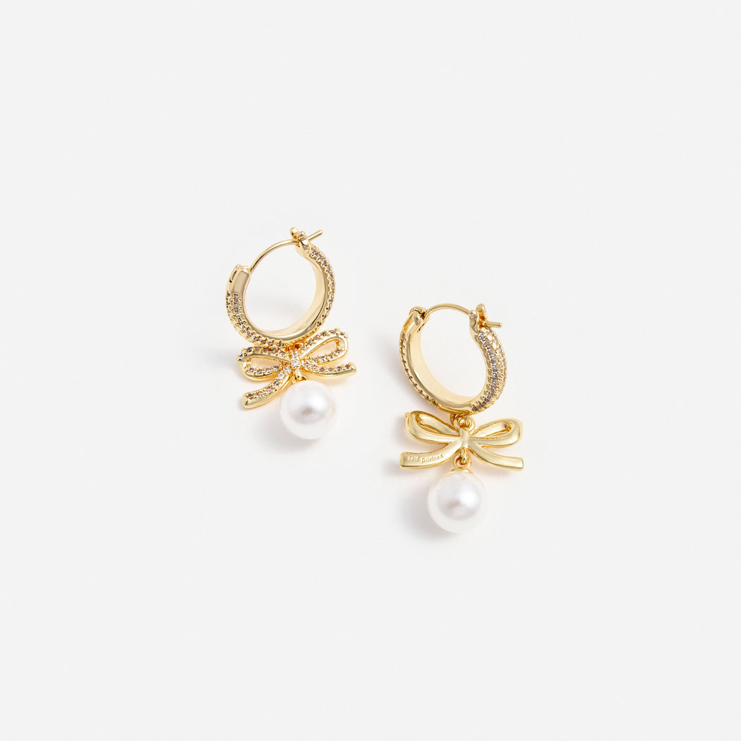 Gold Crystal Bow Pearl Hoop Earrings