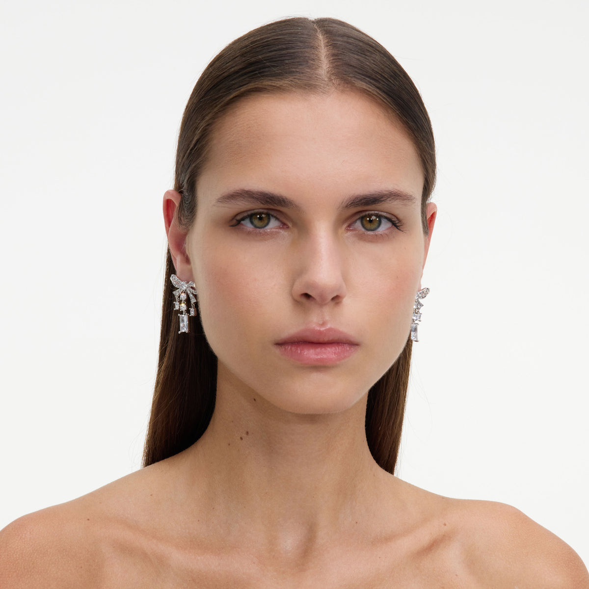 Silver Crystal Bow Droplet Earrings