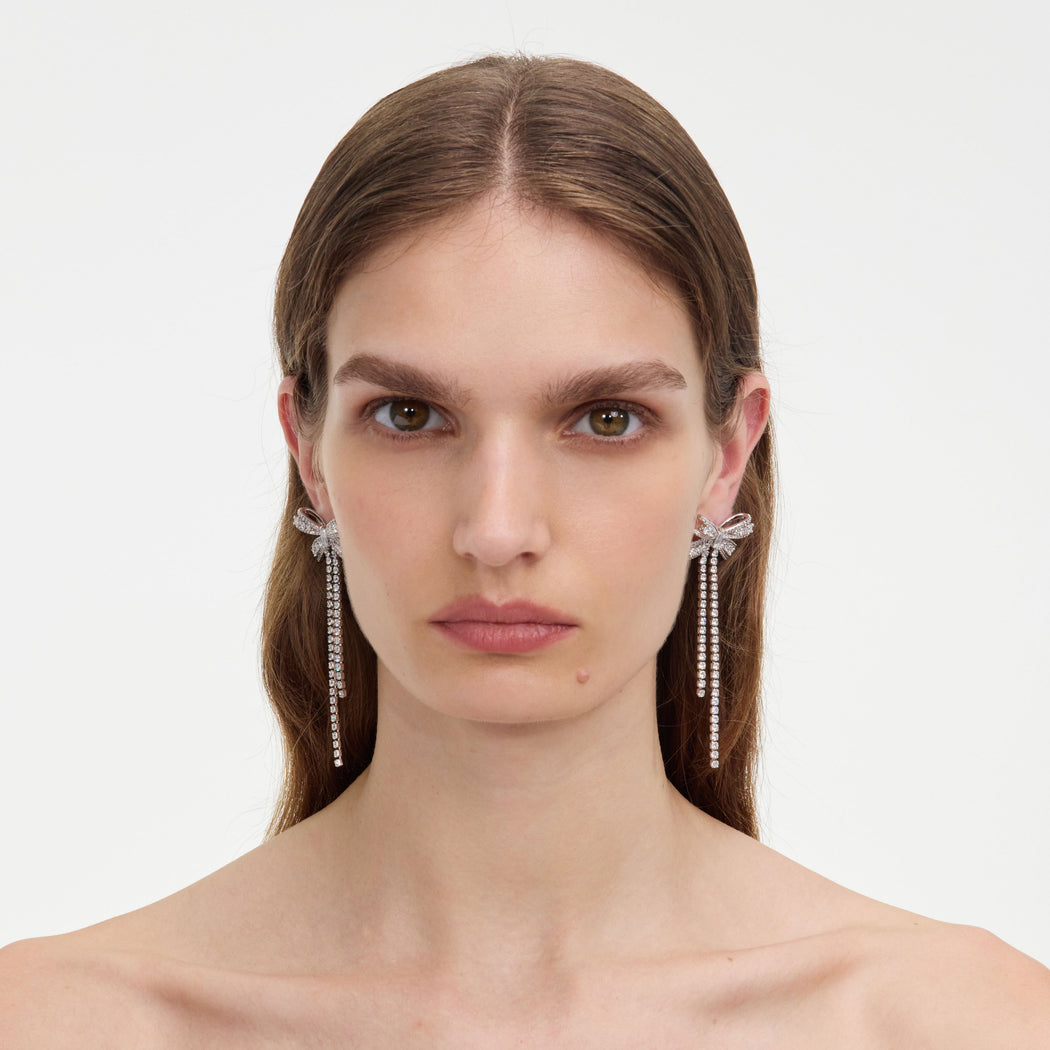 Silver Crystal Bow Dangle Earrings