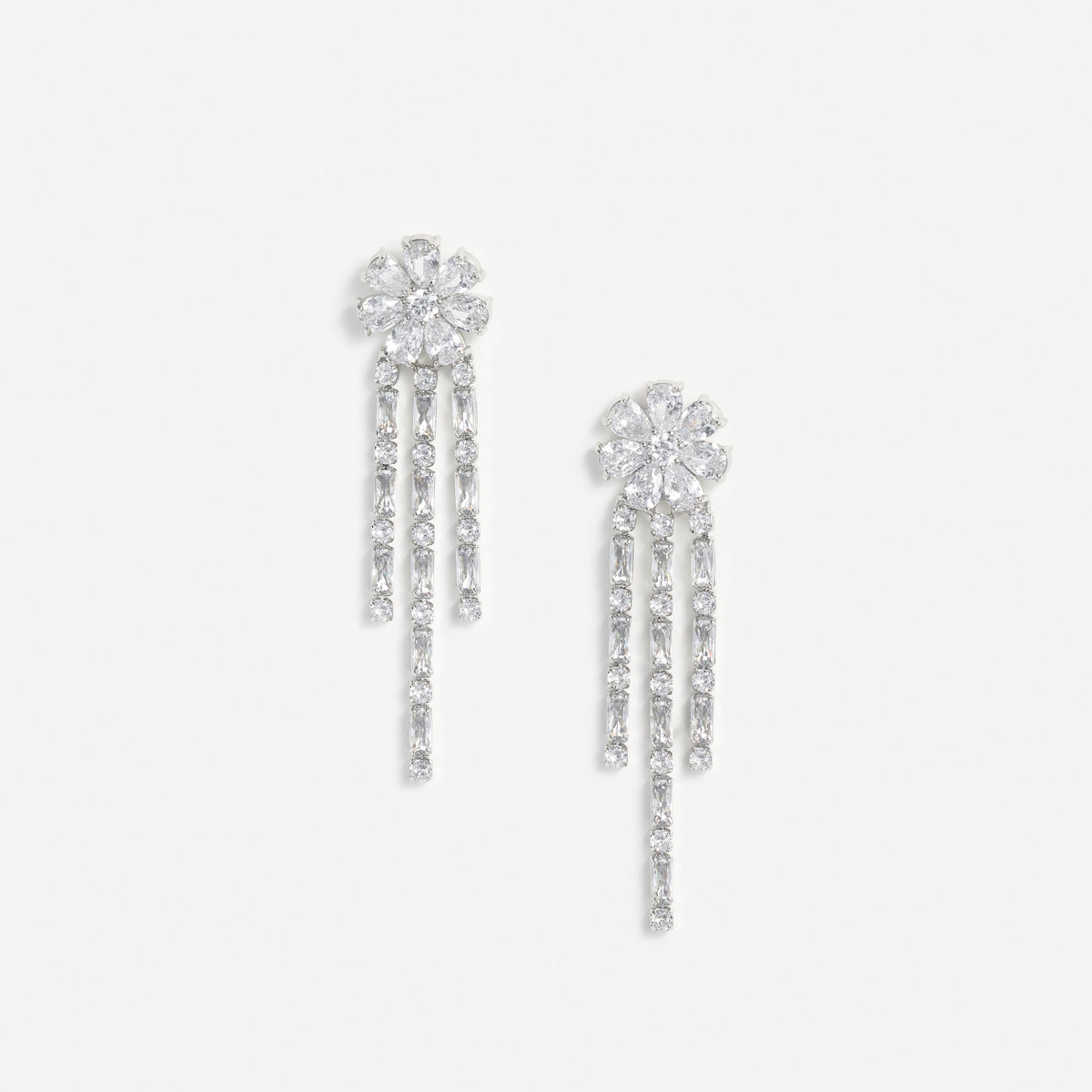 Silver Crystal Flower Droplet Earrings